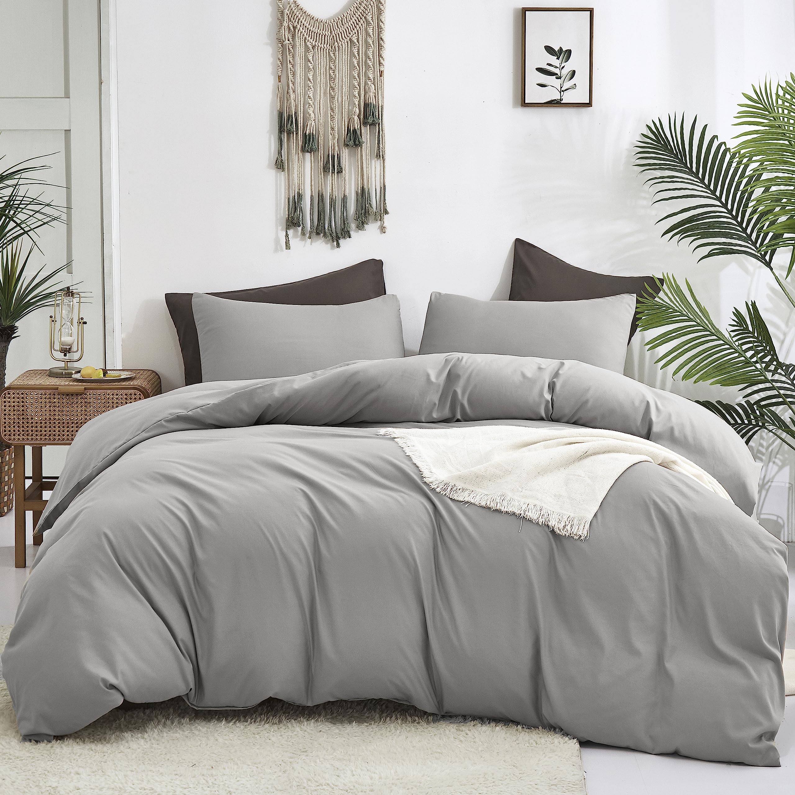 Cottonight Silver Grey Comforter Sets California King Light Grey Bedding Comforter Set Gray Blanket Quilts Cotton Solid Modern B