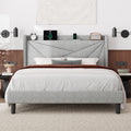 Feonase Full Bed Frame with Charging Station, Linen Upholstered Platform Bedframe with Wingback Headboard, Solid Wood Slats Supp