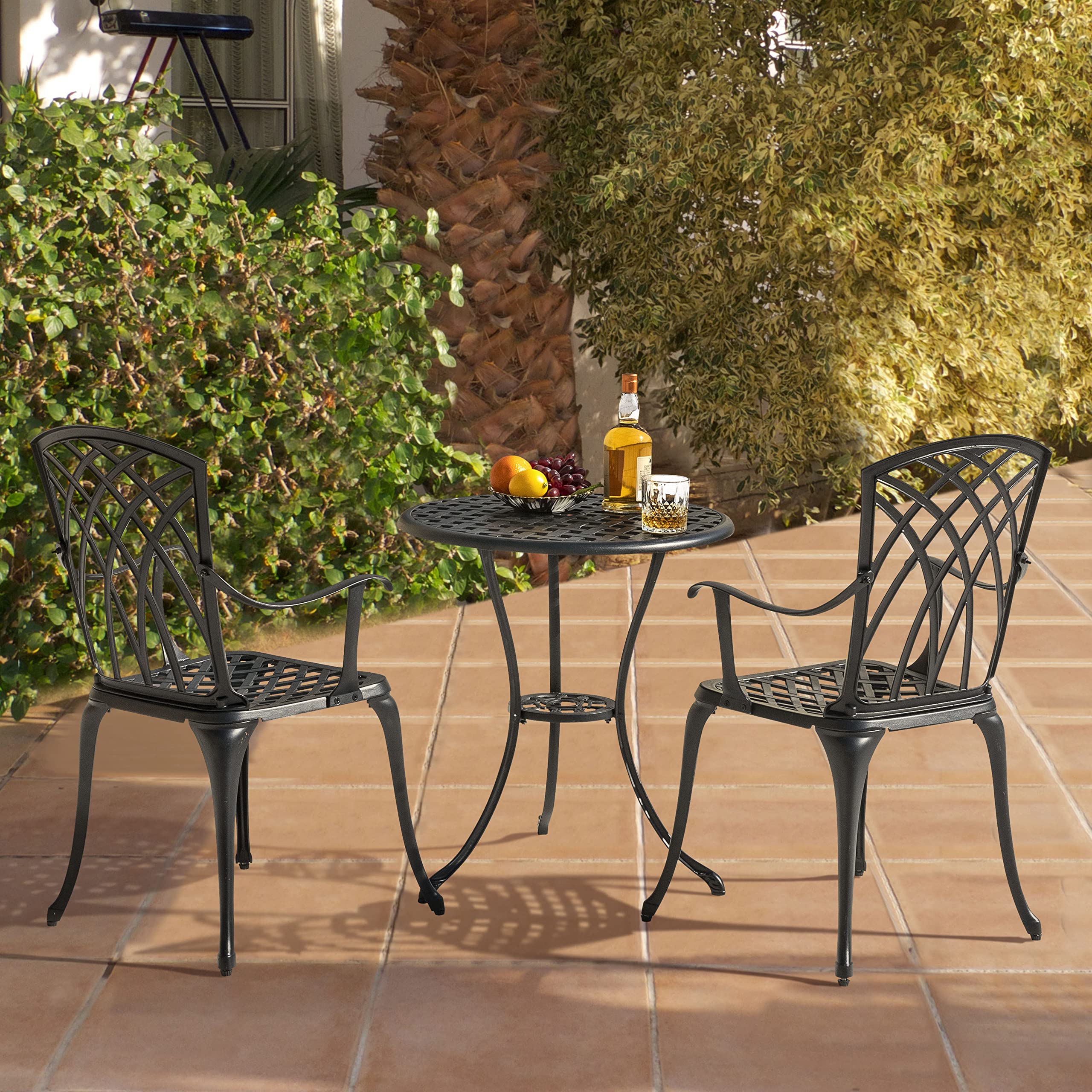 Nuu Garden Bistro Set 3 Piece Outdoor All Weather Cast Aluminum Patio Bistro Set Patio Table And Chairs Set Of 2 With Umbrella Hole For Backyard, Balcony, Front Porch, Lawn, Black