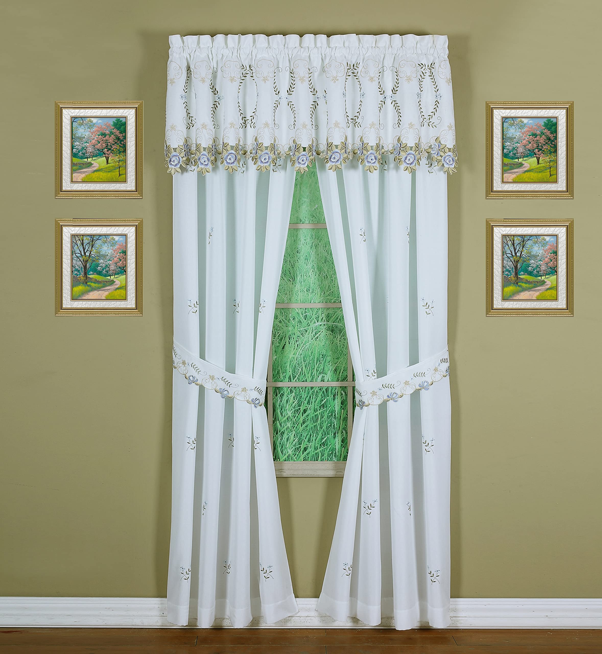 Today'S Curtain Verona Reverse Embroidery Panel Pair And Tiebacks, 63', White/Blue