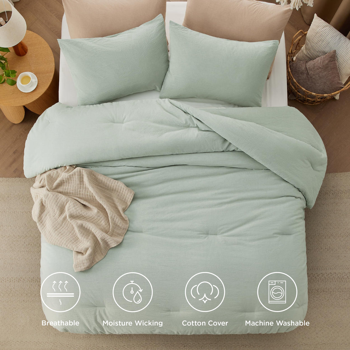 Bedsure Comforter Set King Size Sage Green - Cotton Fabric With Microfiber Inner Fill, King Comforter Set For All Seasons, 3 Pieces, 1 Comforter (104'X90') And 2 Pillow Cases (20'X36')