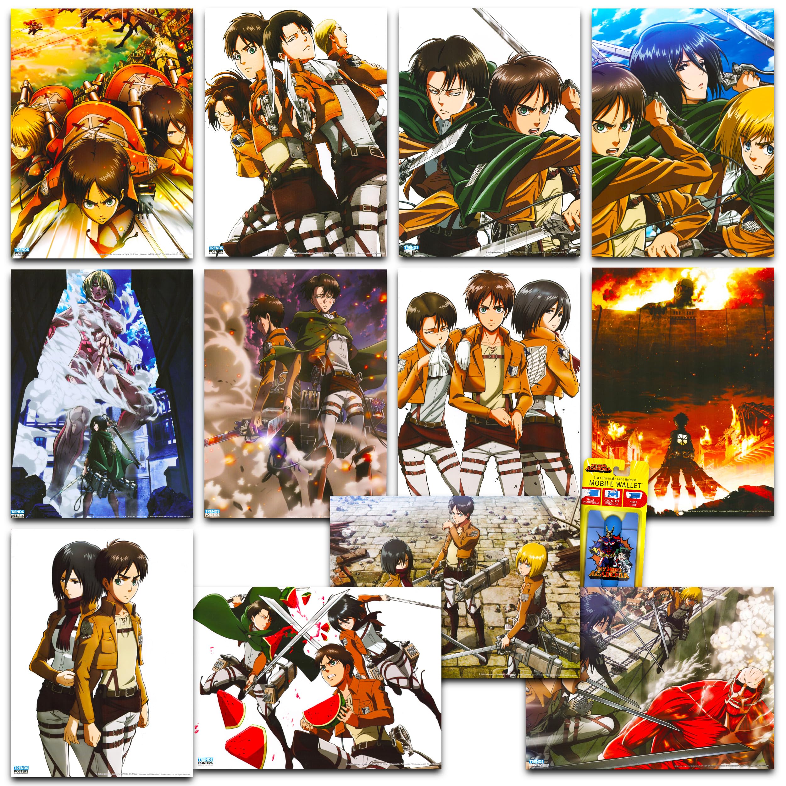 Attack on Titan Posters For Bedroom Room Decor Bundle | 12 Posters for Walls Anime Poster Pack Set With Anime Phone Wallet | Att