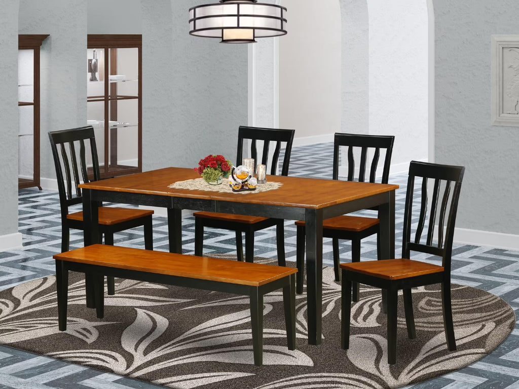 East West Furniture NIAN6-BCH-W 6 Piece Dining Table Set Contains a Rectangle Dining Room Table with Butterfly Leaf and 4 Wooden Seat Chairs with a Bench, 36x66 Inch, Black & Cherry