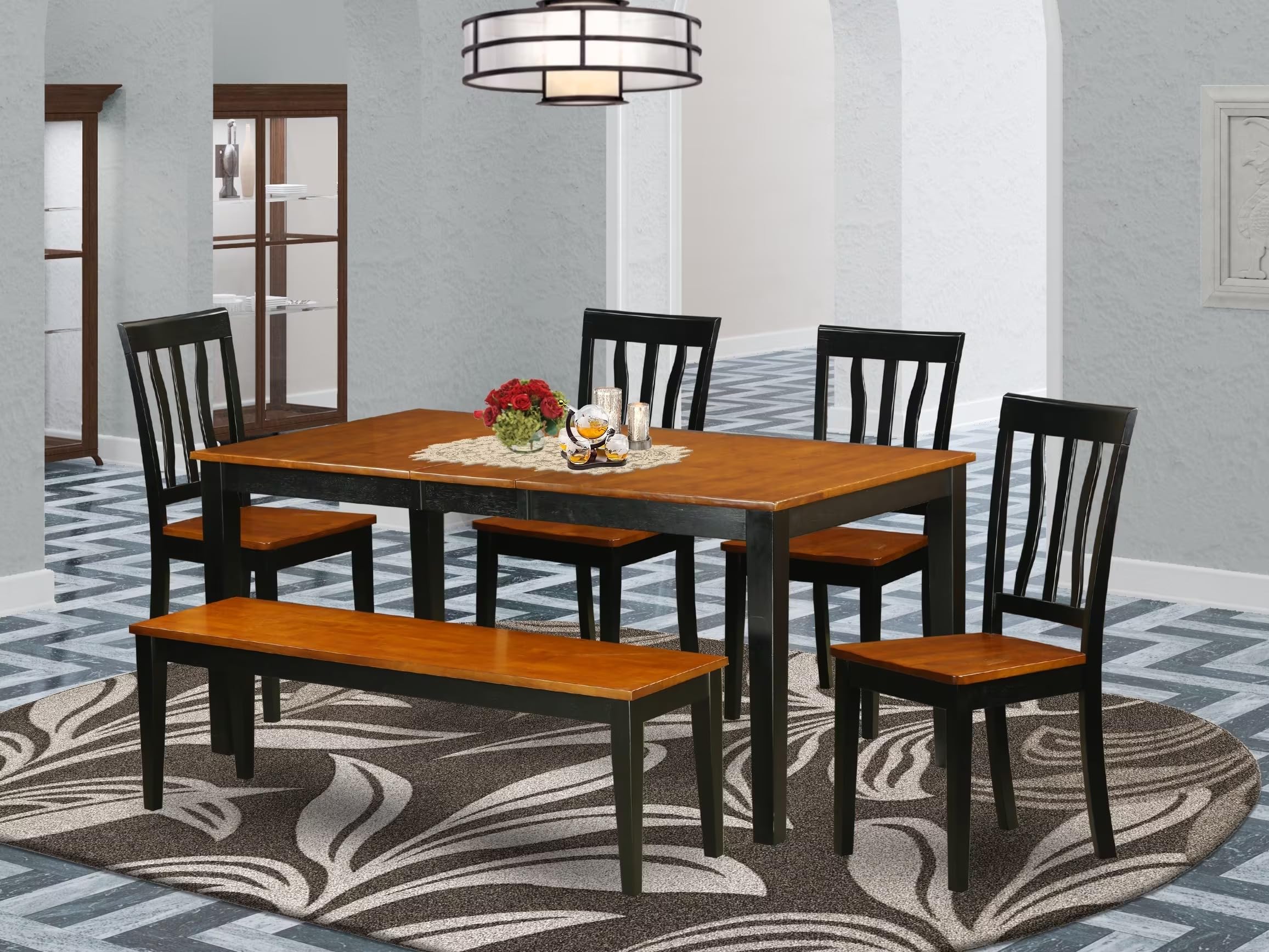 East West Furniture NIAN6-BCH-W 6 Piece Dining Table Set Contains a Rectangle Dining Room Table with Butterfly Leaf and 4 Wooden Seat Chairs with a Bench, 36x66 Inch, Black & Cherry