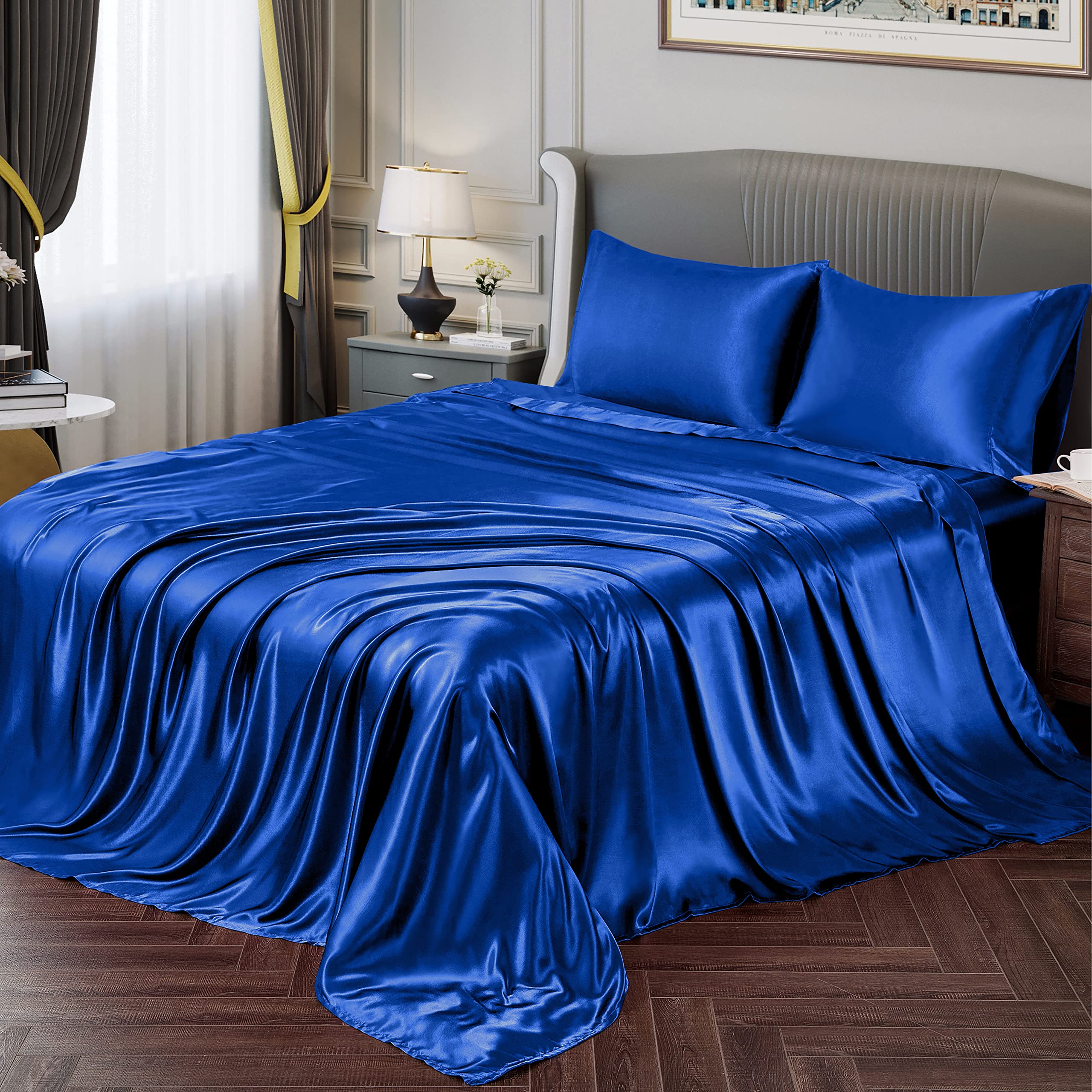Vonty Satin Sheets Full Silky Soft Satin Bed Sheets Royal Blue Satin Sheet Set, 1 Deep Pocket Fitted Sheet + 1 Flat Sheet + 2 Pi