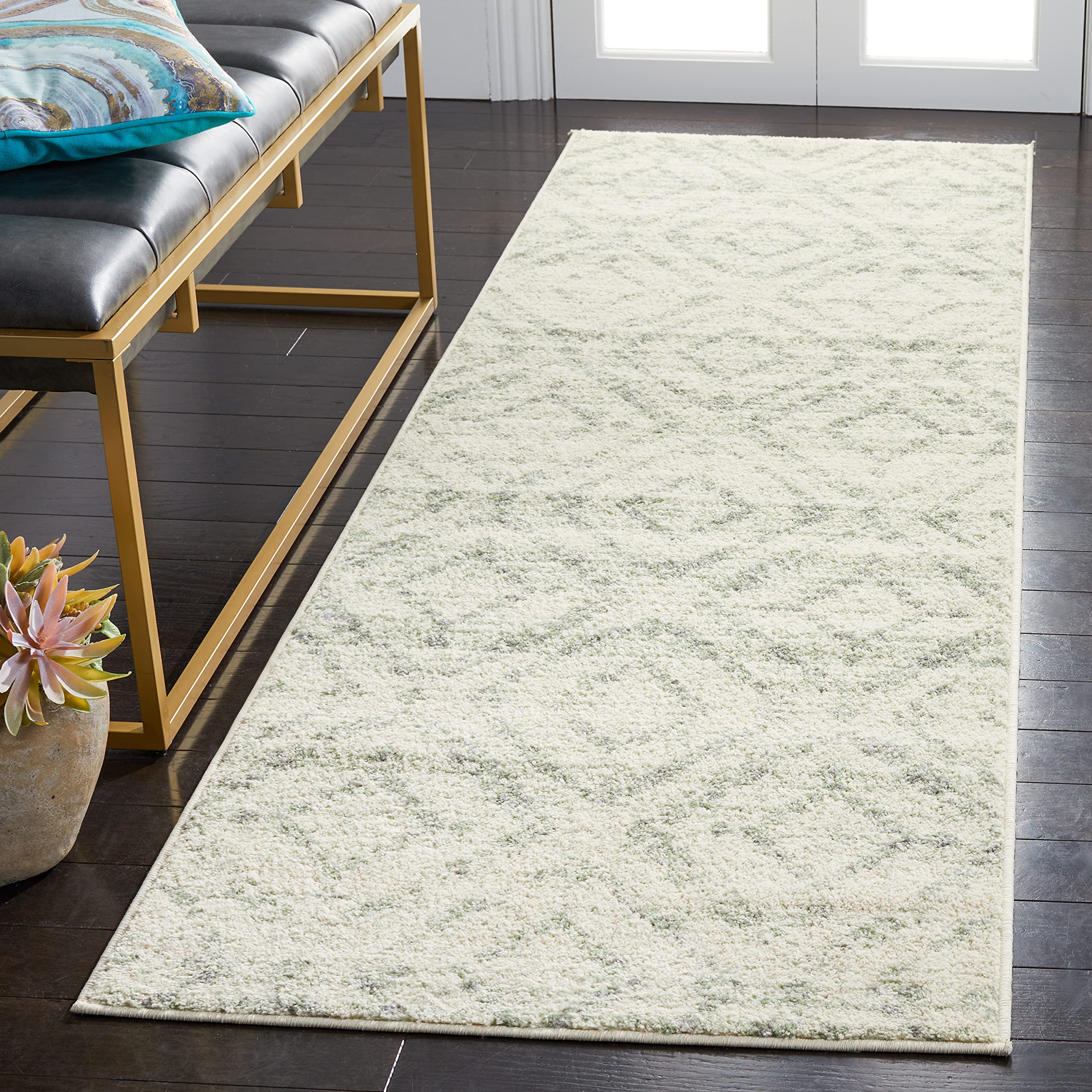 SAFAVIEH Adirondack Collection Runner Rug - 26 x 12 Runner, Ivory & Green, Modern Diamond Distressed Design, Ideal for High Tr