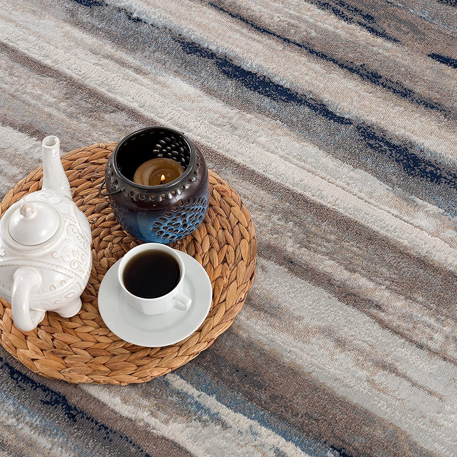 HomeRoots 100% Polypropylene 2’ x 8’ Blue and Beige Distressed Stripes Runner Rug