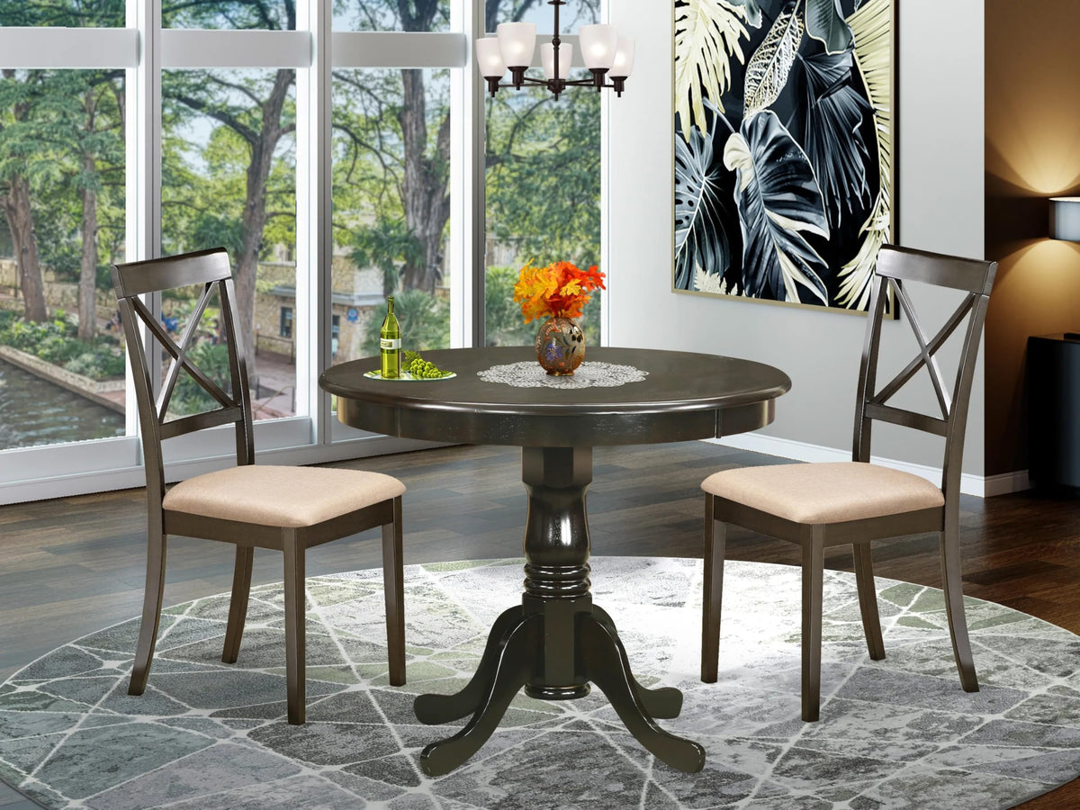 East West Furniture ANBO3-CAP-LC 3 Piece Dining Table Set for Small Spaces Contains a Round Kitchen Table with Pedestal and 2 Faux Leather Dining Room Chairs, 36x36 Inch, Cappuccino