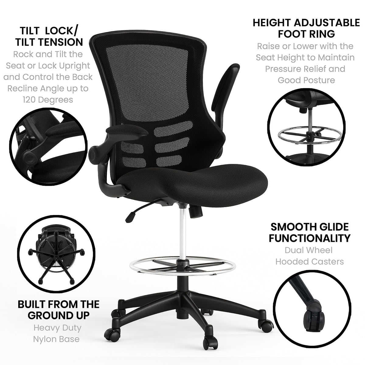 Flash Furniture Kelista Mid-Back Swivel Office Chair with Adjustable Seat Height, Ergonomic Mesh Desk Chair with Flip-Up Armrests, Black