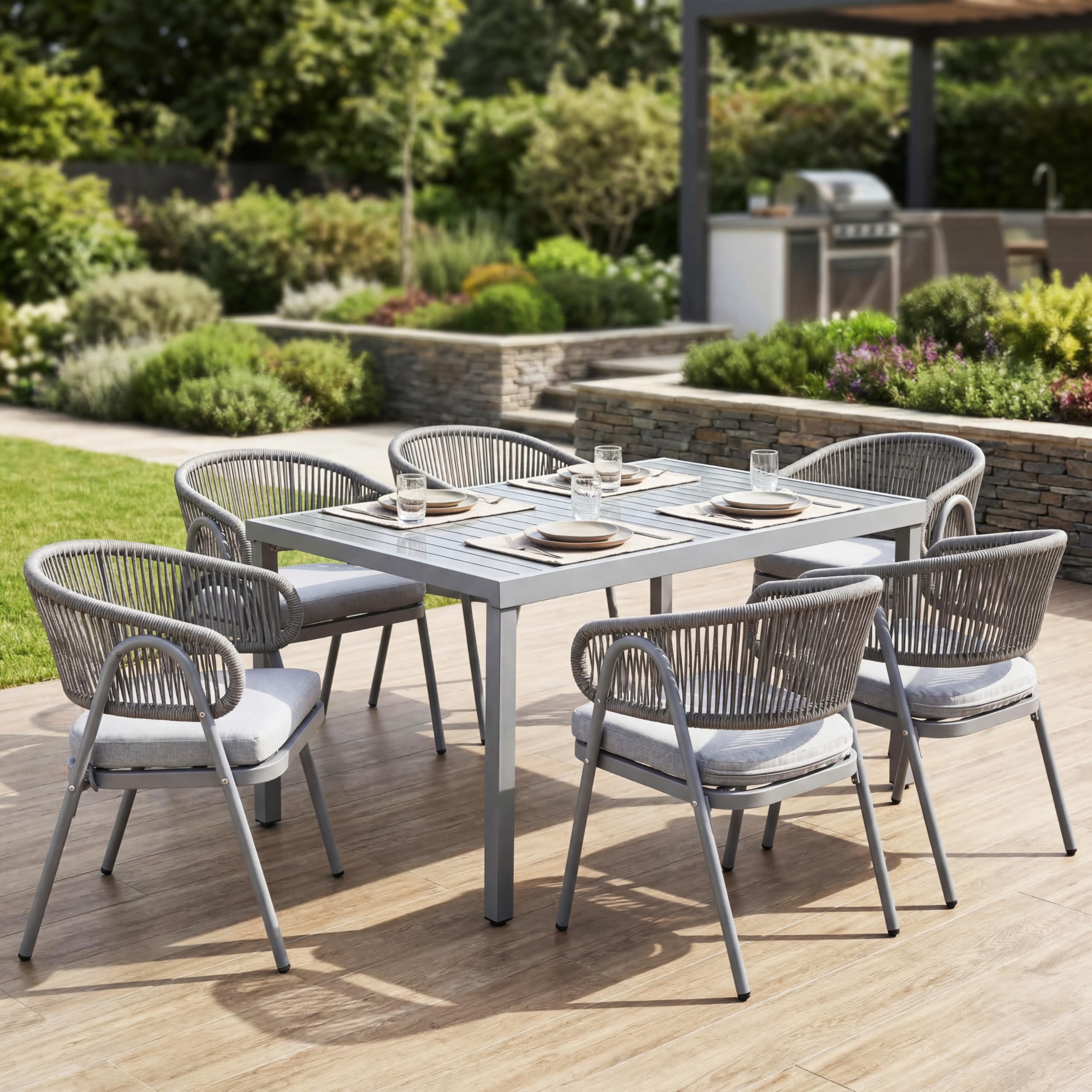 DAYAOUTDOOR Modern Outdoor Dining Chair Set of 6 with Cushion, Patio Rope Woven Armchairs, Weather-Resistant Metal Frame, Balcon