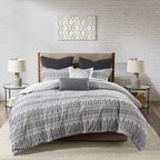 Ink+Ivy Rhea 100% Cotton Duvet Set Mid Century Modern Boho Design, All Season Comforter Cover Bedding Set, Matching Shams, Full/Queen, Geometric Clipped Jacquard Grey 3 Piece