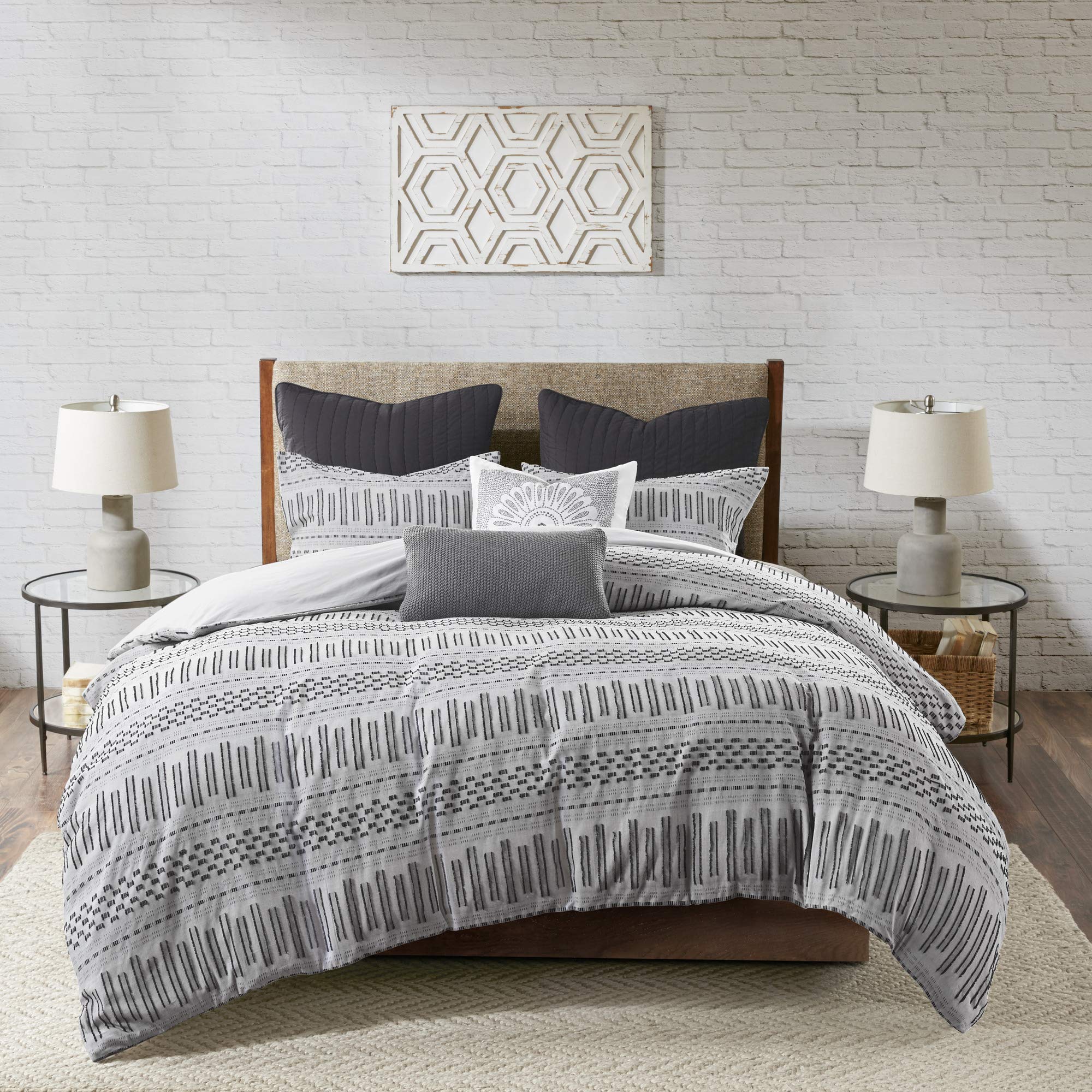 Ink+Ivy Rhea 100% Cotton Duvet Set Mid Century Modern Boho Design, All Season Comforter Cover Bedding Set, Matching Shams, Full/Queen, Geometric Clipped Jacquard Grey 3 Piece