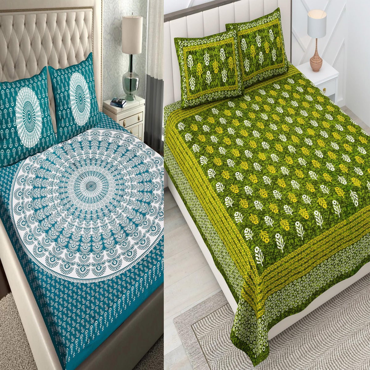 RajasthaniKart Combo Pack of 2 Pure 100% Cotton Double Bed Sheet with 4 Pillow Covers (Bedsheet for Double Bed Cotton 144 TC, Gr