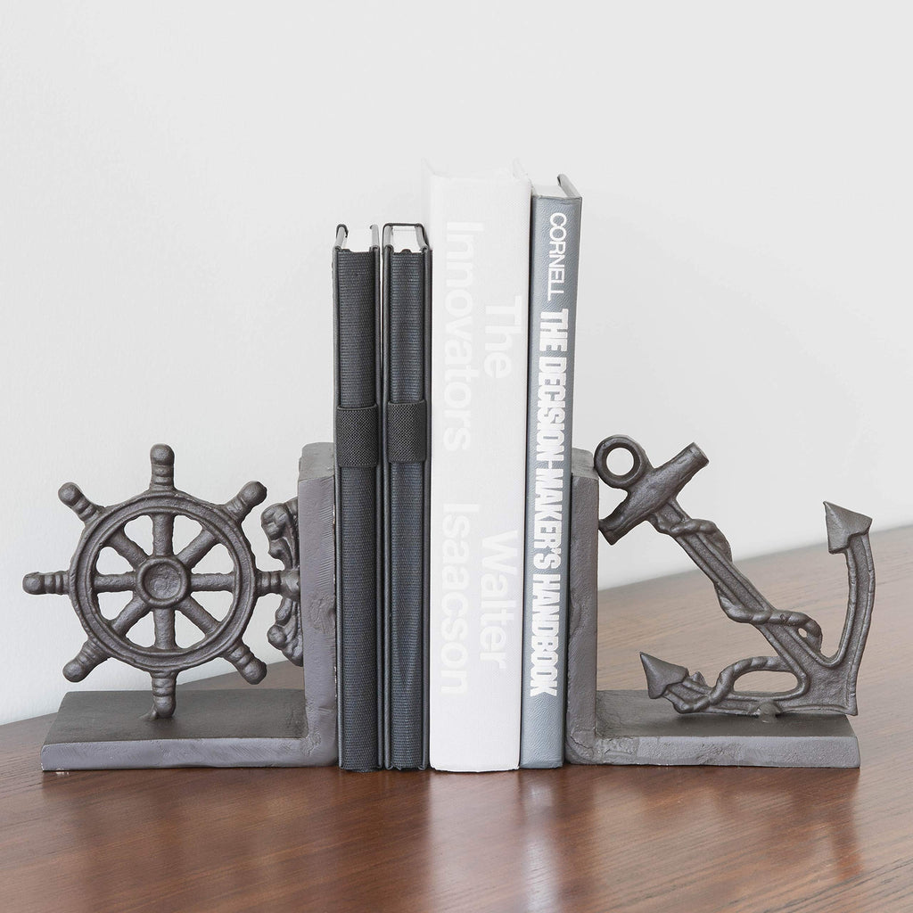 Danya B. Zi08303 Nautical/Coastal Home Decor - 2-Piece Metal Bookend Set With Anchor And Captain'S Wheel