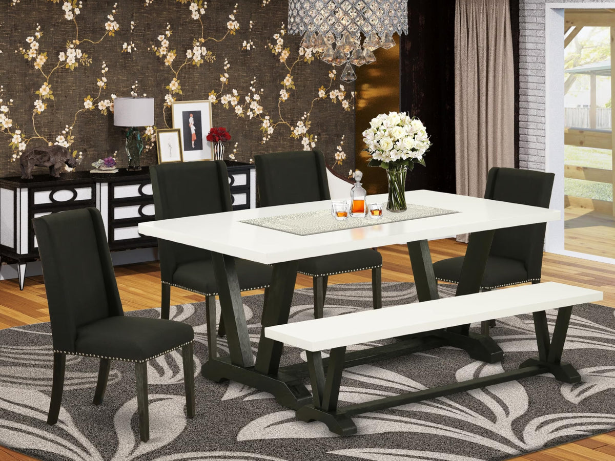 East West Furniture V627Fl624-6 6 Piece Dining Room Table Set Contains A Rectangle Kitchen Table With V-Legs And 4 Black Linen Fabric Parson Chairs With A Bench, 40X72 Inch, Multi-Color