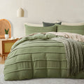 Oli Anderson Sage Green Duvet Cover Queen Size - Pleated Queen Duvet Cover, 3Pcs Soft And Breathable Textured Bedding Set With Z
