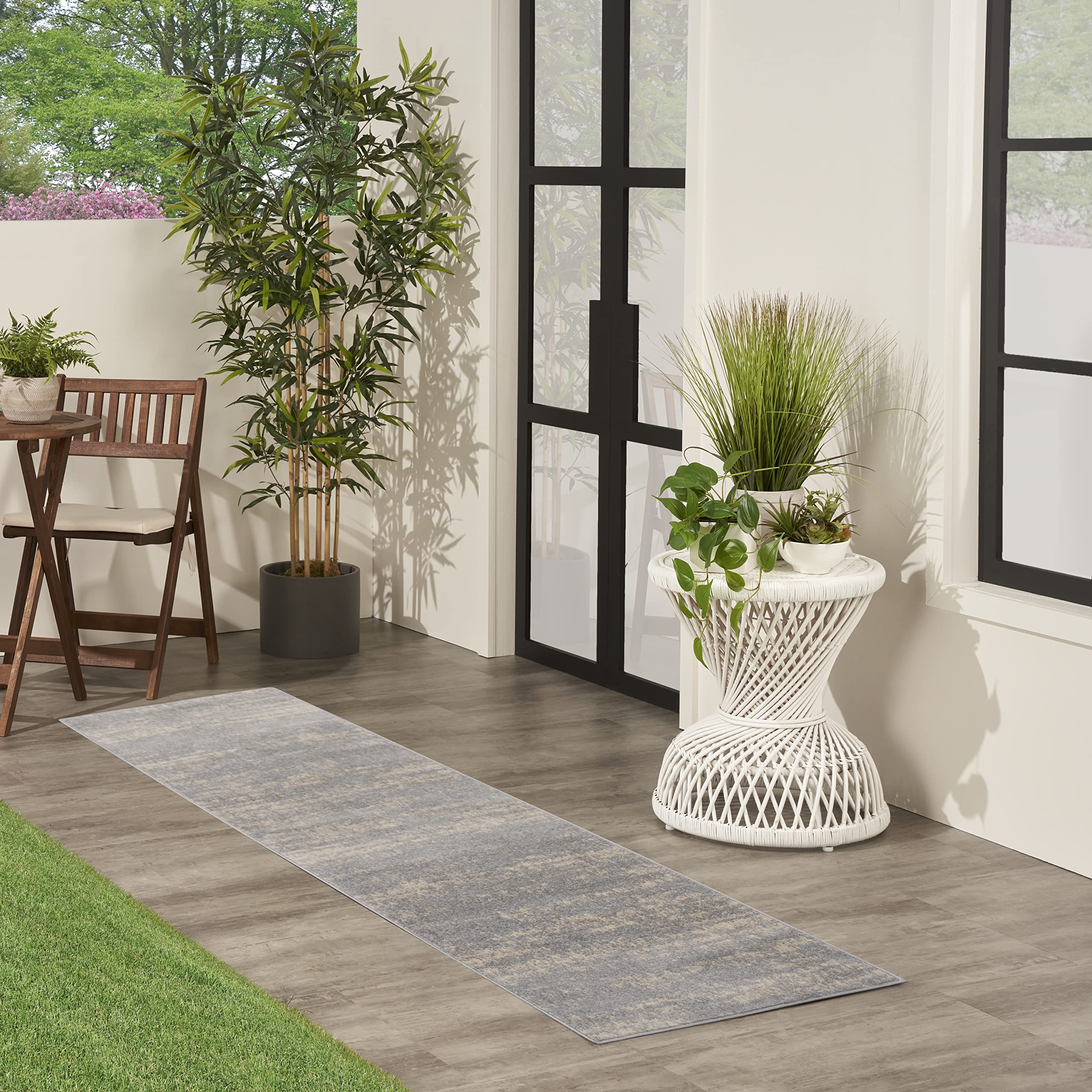 Nourison Essentials Indoor/Outdoor Solid Abstract Grey/Beige 2' X 6' Area Rug, Easy Cleaning, Non Shedding, Bed Room, Living Room, Dining Room, Backyard, Deck, Patio (2X6)
