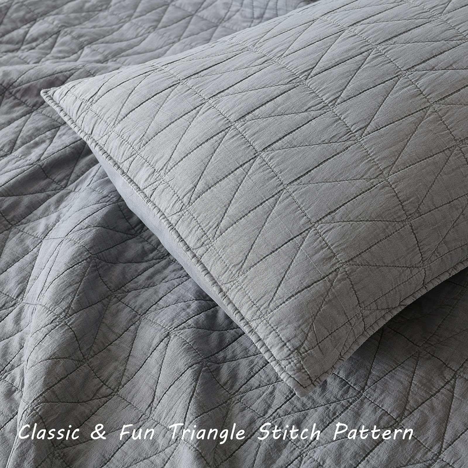 Horimote Home Quilt Set Queen Size, Stone-Washed Chic Rustic Grey Quilt With Classic Triangle Stitched Pattern, Ultra Soft Light