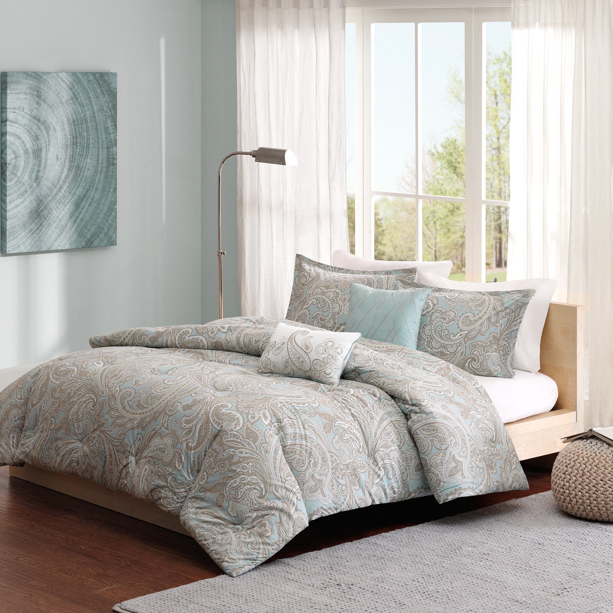 Madison Park Pure Ronan Cotton Comforter Set - Casual Paisley Design, All Season Alternative Down Cozy Bedding, Matching Shams, Decorative Pillows, Blue King/Cal King(104'X92') 5 Piece