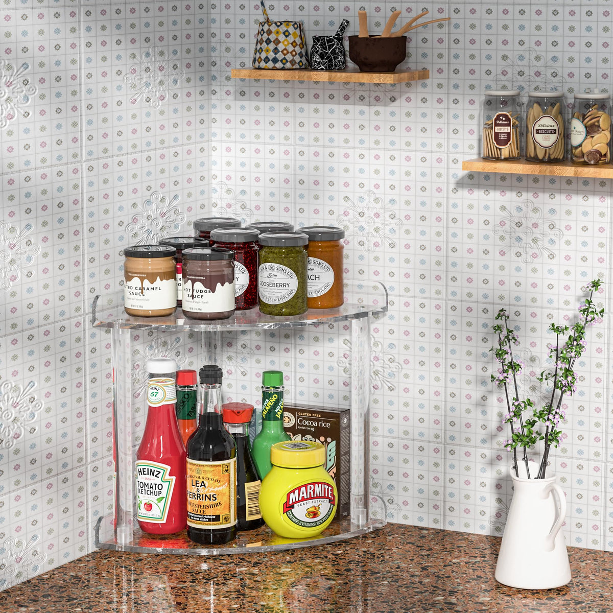 Sezanrpt 2 Tier Countertop Corner Organizer Shelf 7X7X8 Inch, Acrylic Bathroom Organizer Corner Shelf For Countertop, Clear Vanity Storage Organizer For Skincare, Cosmetics, Perfume