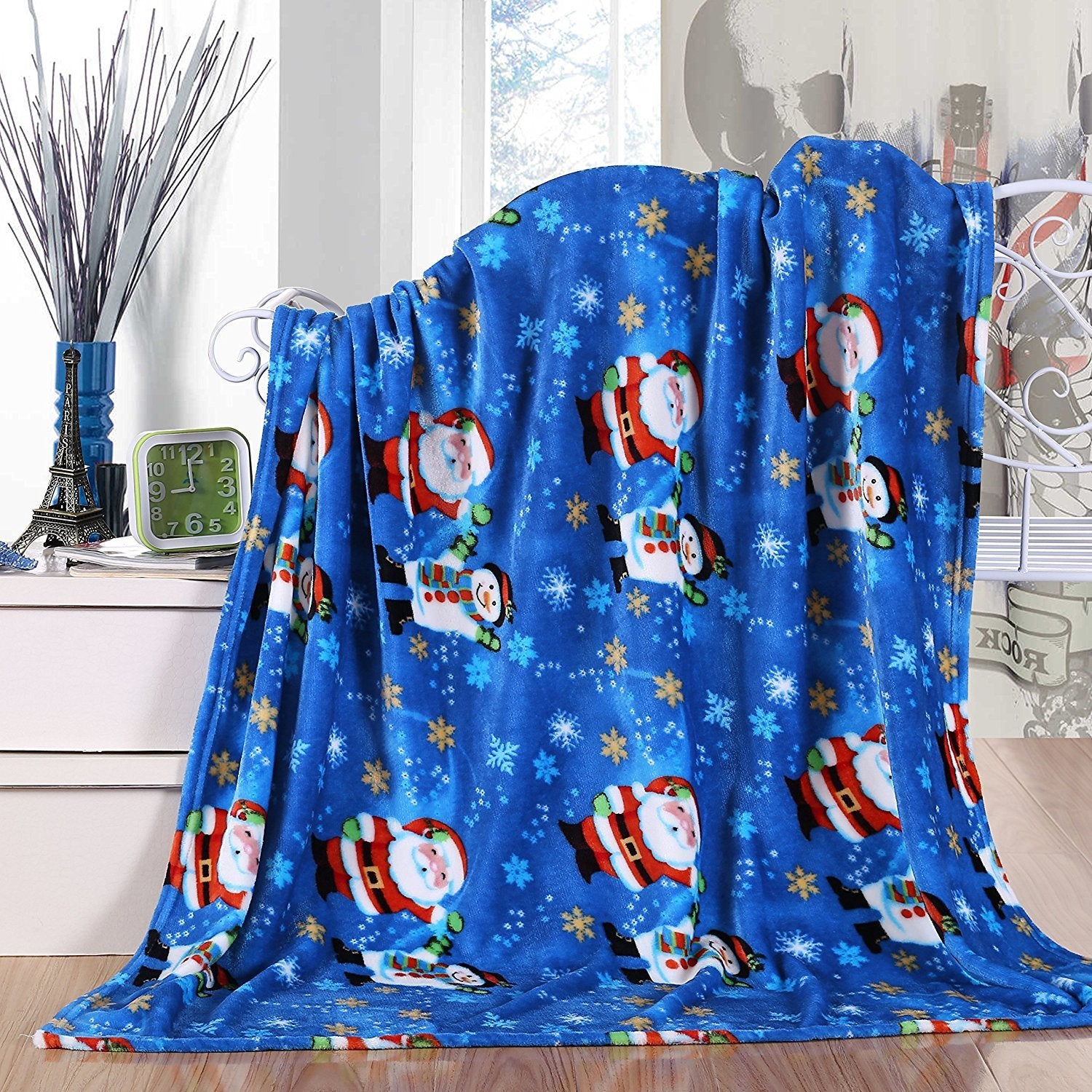 Elegant Comfort Velvet Touch Ultra Plush Christmas Holiday Printed Fleece Throw/Blanket-50 X 60Inch, (Santa Snowman), 50 X 60 In