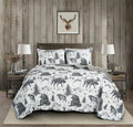 Chezmoi Collection Denver 3-Piece Southwestern Lodge Quilt Set Queen - White Black Gray Grizzly Bear Wolves Moose Pine Tree Moun