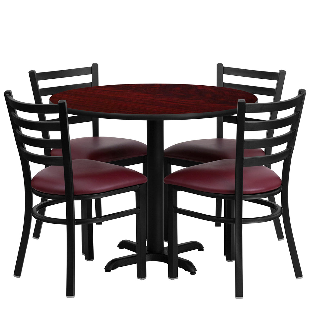 Flash Furniture Carlton 36'' Round Mahogany Laminate Table Set with X-Base and 4 Ladder Back Metal Chairs - Burgundy Vinyl Seat