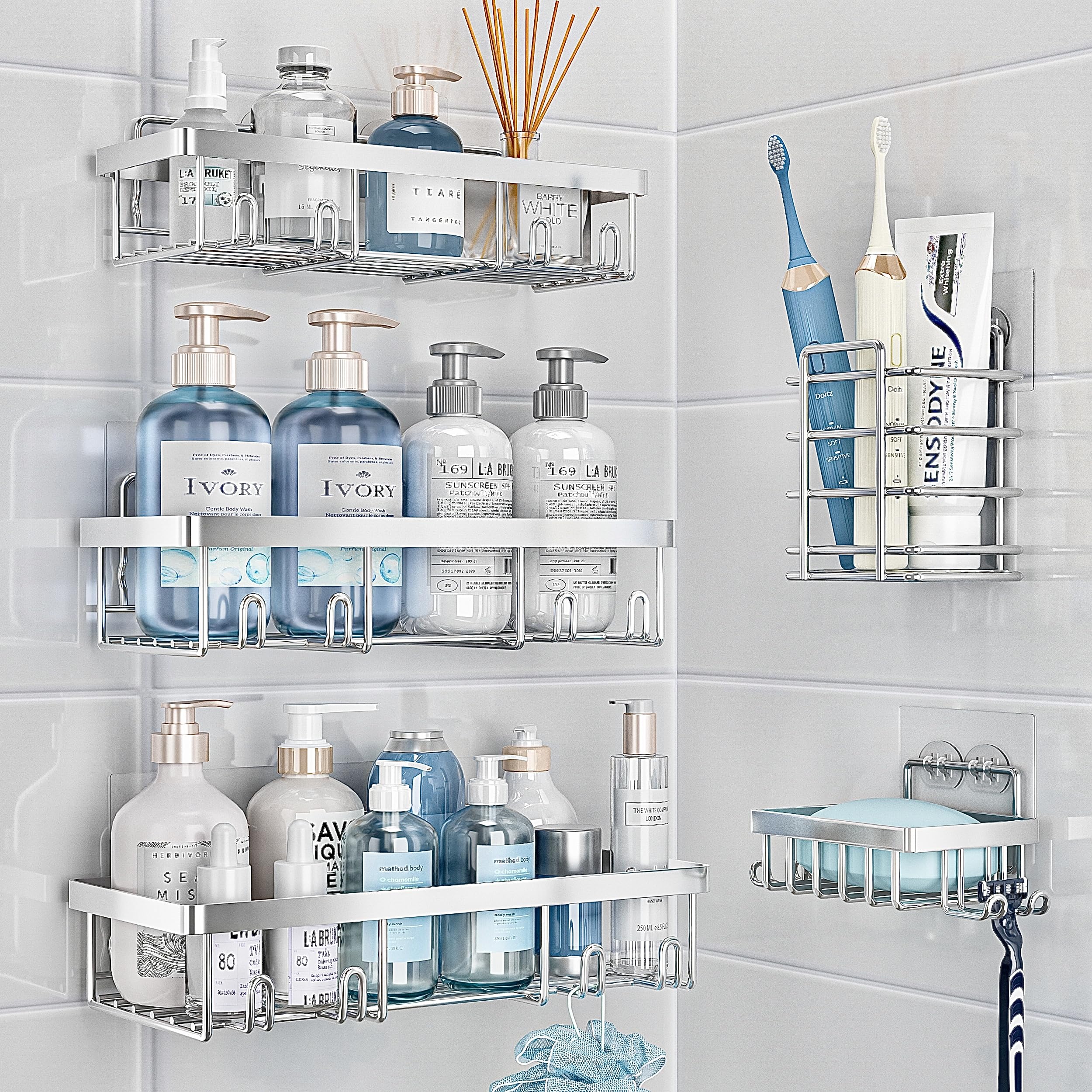 Liuoud Shower Caddy, 5 Pack Shower Organizer Rack for Inside Shower, Large Capacity, Durable Stainless Bathroom Shower Shelf, Si