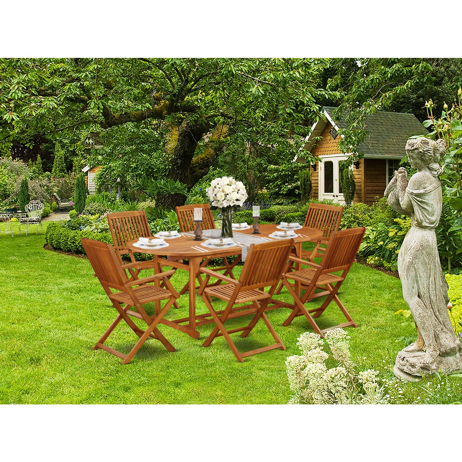East West Furniture Bscm7Cana Beasley 7 Piece Outdoor Patio Dining Sets Consist Of An Oval Acacia Wood Table And 6 Folding Arm Chairs, 36X78 Inch
