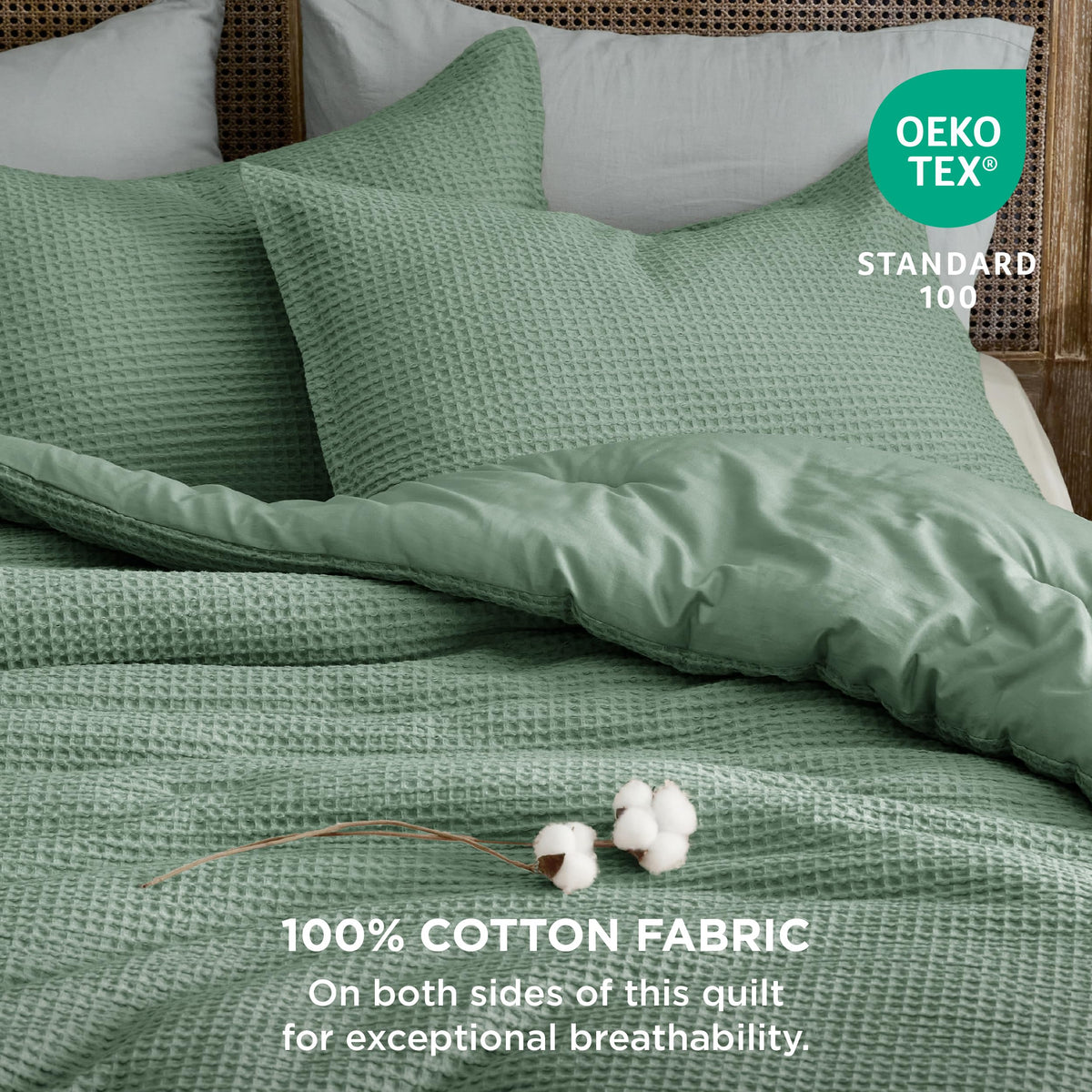Bedsure Waffle Comforter Set King, Green Soft Cotton Bedding Set For All Seasons, Waffle Weave Bed Set, 3 Pieces, 1 Comforter (104'X90') And 2 Pillow Shams, Premium Cotton Cover With Polyester Fill