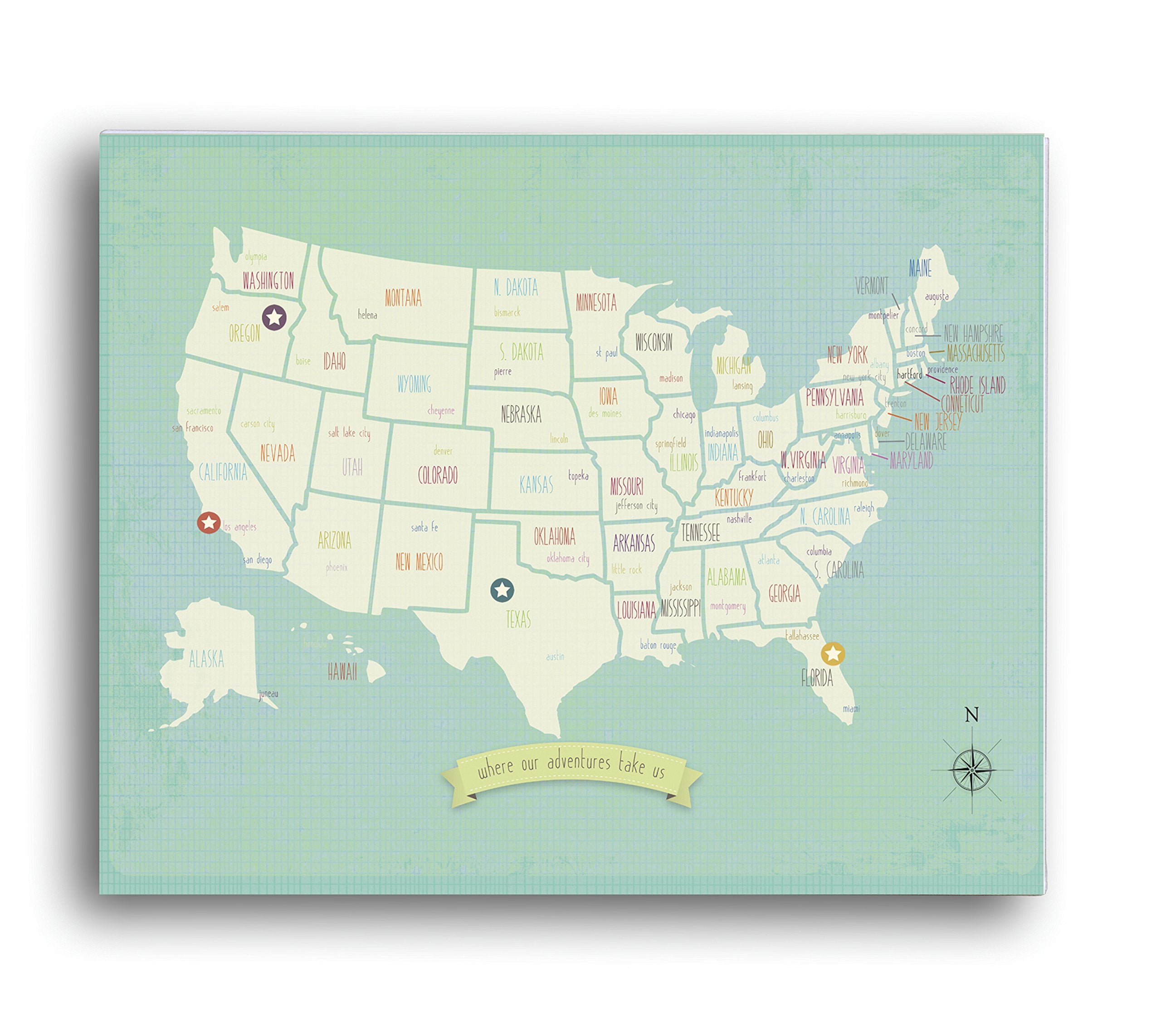 My Travels Personalized USA Map, 24 x 18 Wall Art Print Poster, Bohemian Boho Nordic Style for Children Kids Toddlers Baby Newbo