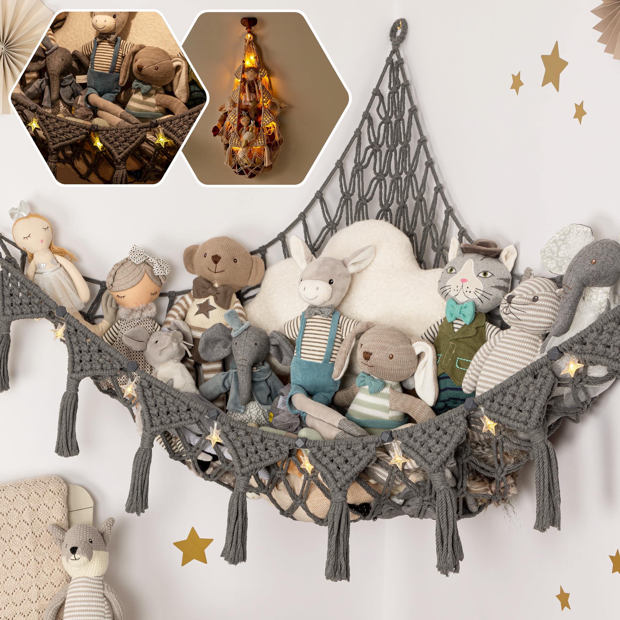 TIDYTEDS Macrame DreamLights Boho Stuffed Animal Storage Net or hammock Extra Large for Small or large Plushies. Plush Gray Toy 