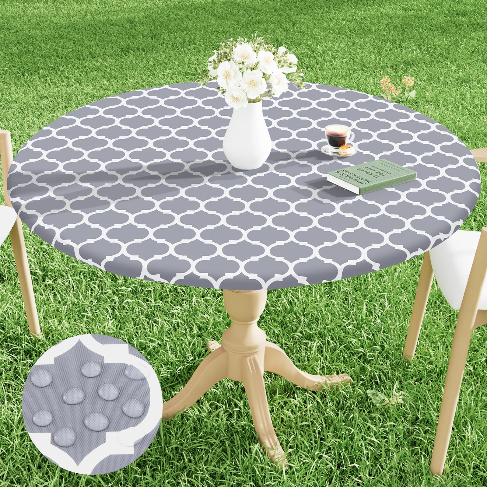 Smiry Round Picnic Tablecloth, Waterproof Elastic Fitted Table Covers for 31 - 35 Tables, Wipeable Flannel Backed Vinyl Tableclo