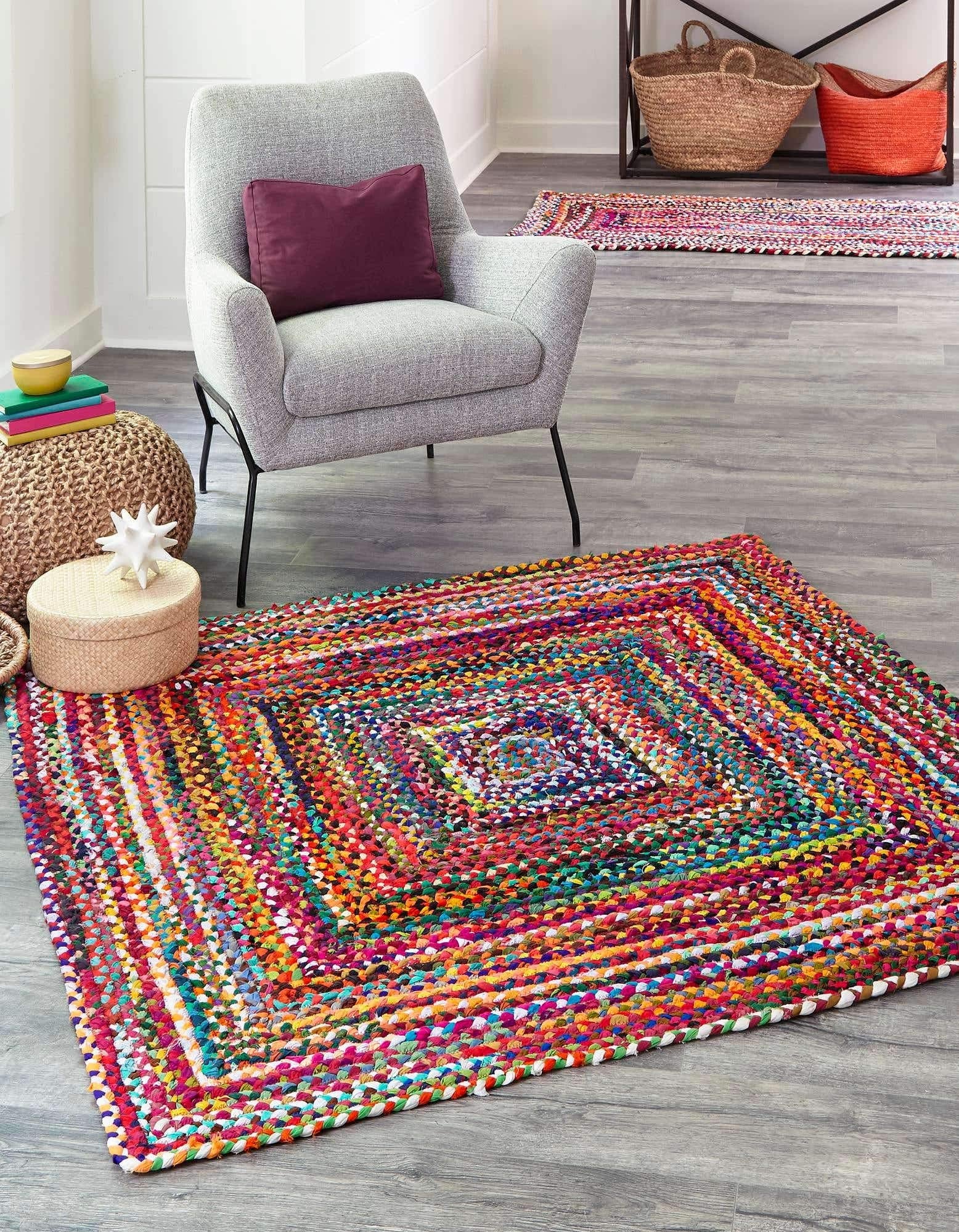 Unique Loom Braided Chindi Collection Area Rug - Layer (3 3 Square, Multi/ Blue)
