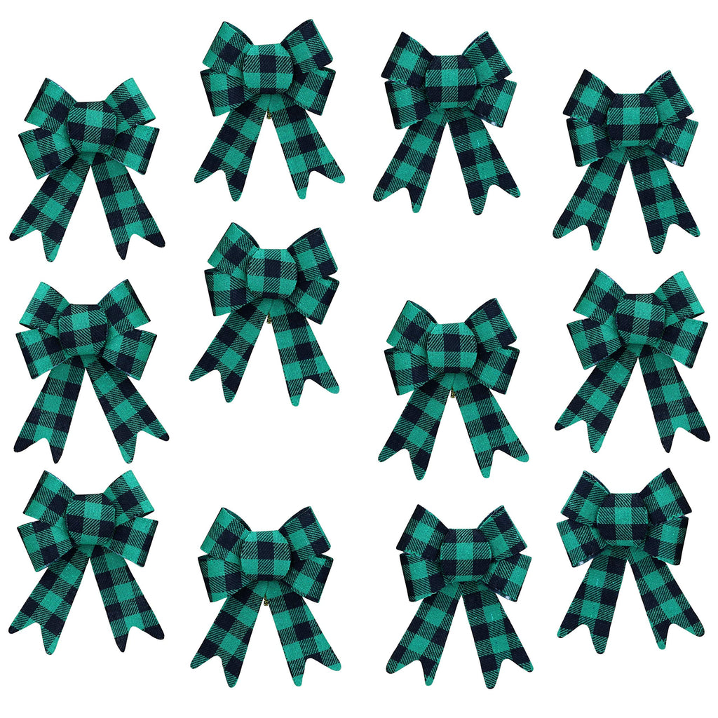 Iconikal Green and Black Gingham Decorative Holiday Decorative Bows, 5 x 7 inches (Green Buffalo Plaid) 12-Pack