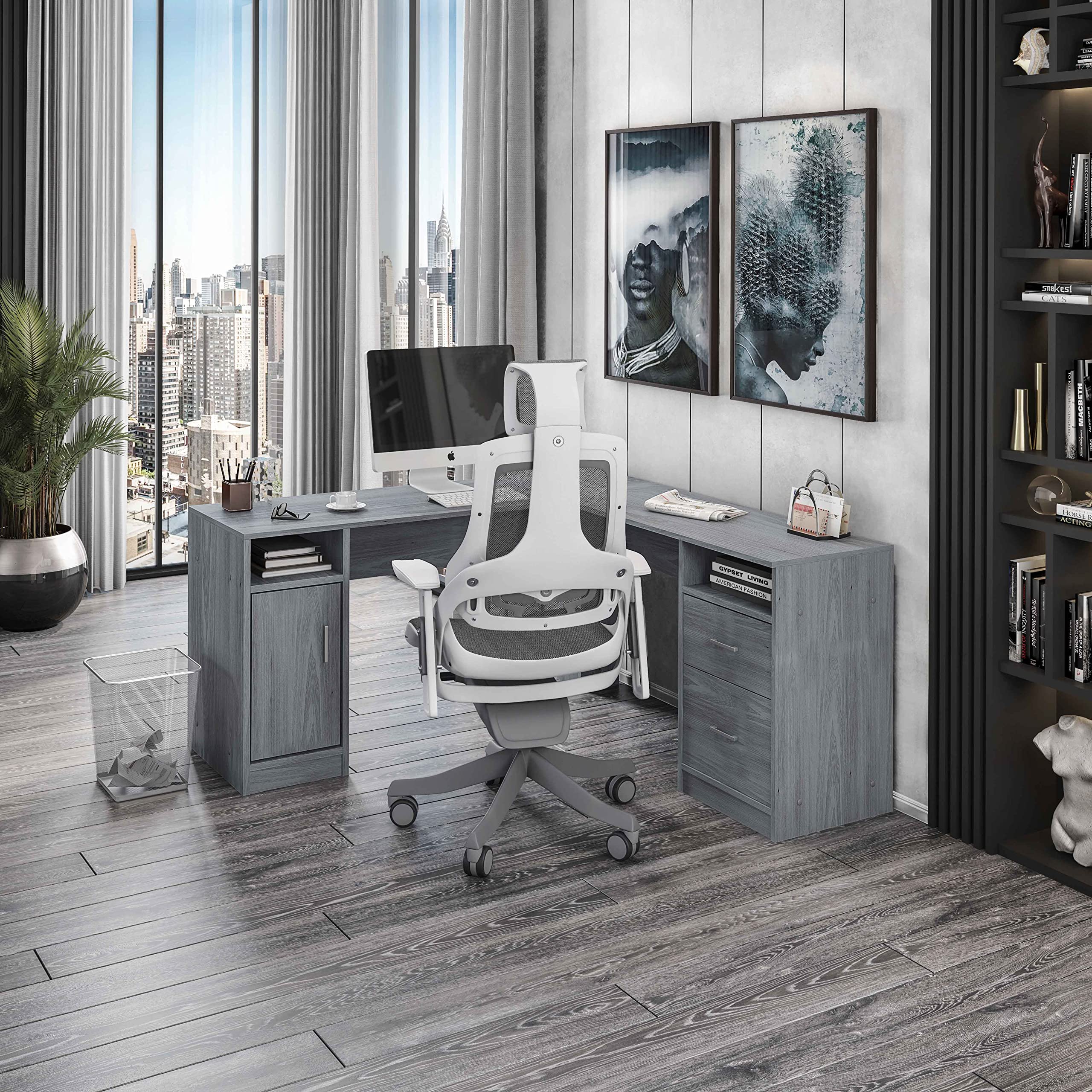 Techni Mobili Functional L-Shaped Computer Desk With Storage, L Is ?59.5" Wide X 59.5" Long, Grey
