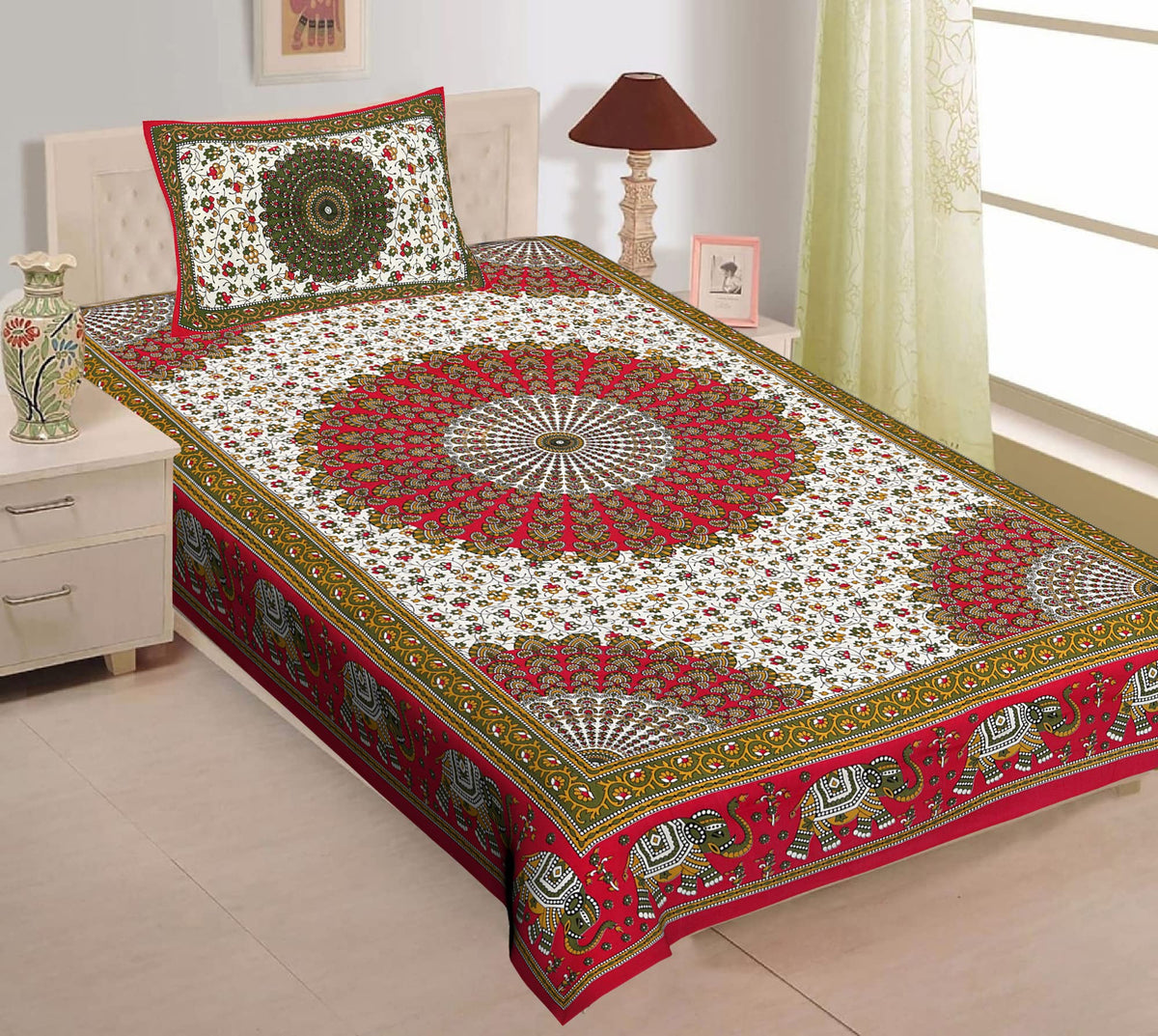 Monik Handicrafts 100% Cotton Bedsheet for Single Bed Cotton,144tc Red Single Bedsheet with 1 Pillow Cover (Red185)