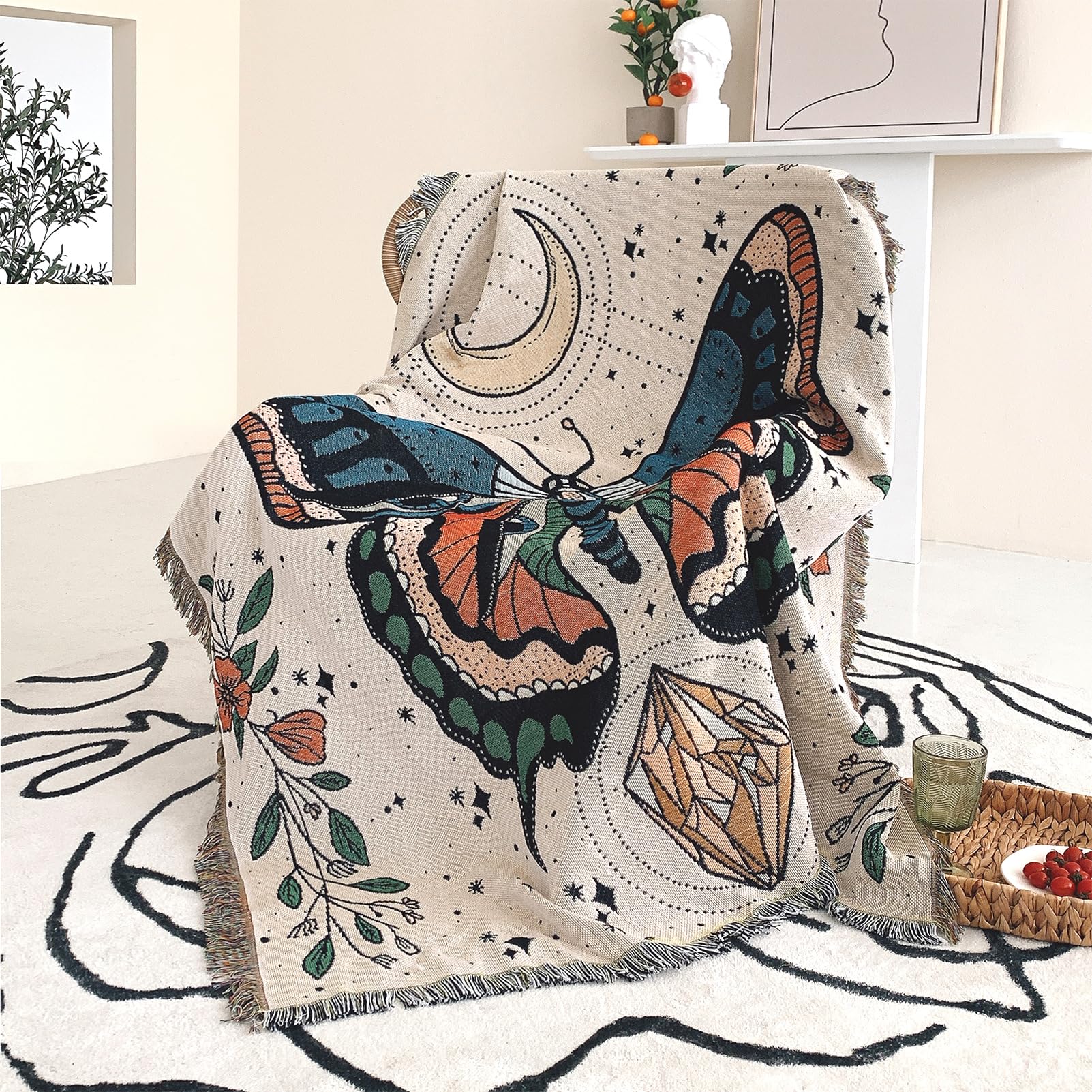 Shesyuki Boho Throw Blanket Reversible Cotton Bohemian Tapestry Hippie Room Decor Outdoor Blanket Double Sided (Month Moth White