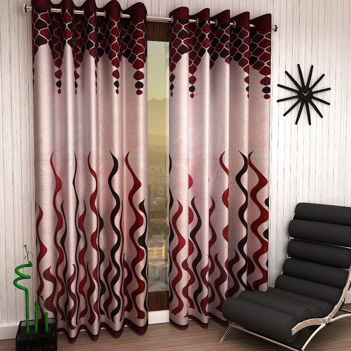 Kiara Creations Modern Wave Printed Panel Curtains for Door 7 Feet (Pack of 2) Maroon