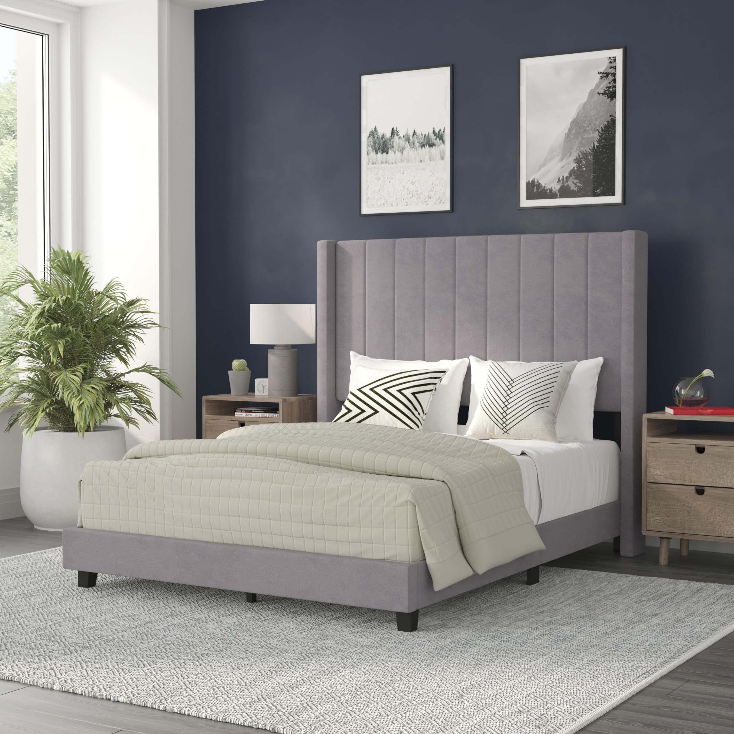 Flash Furniture Bianca Upholstered Platform Bed - Gray Velvet Upholstery - Full - Wingback Headboard - Slatted Mattress Foundati