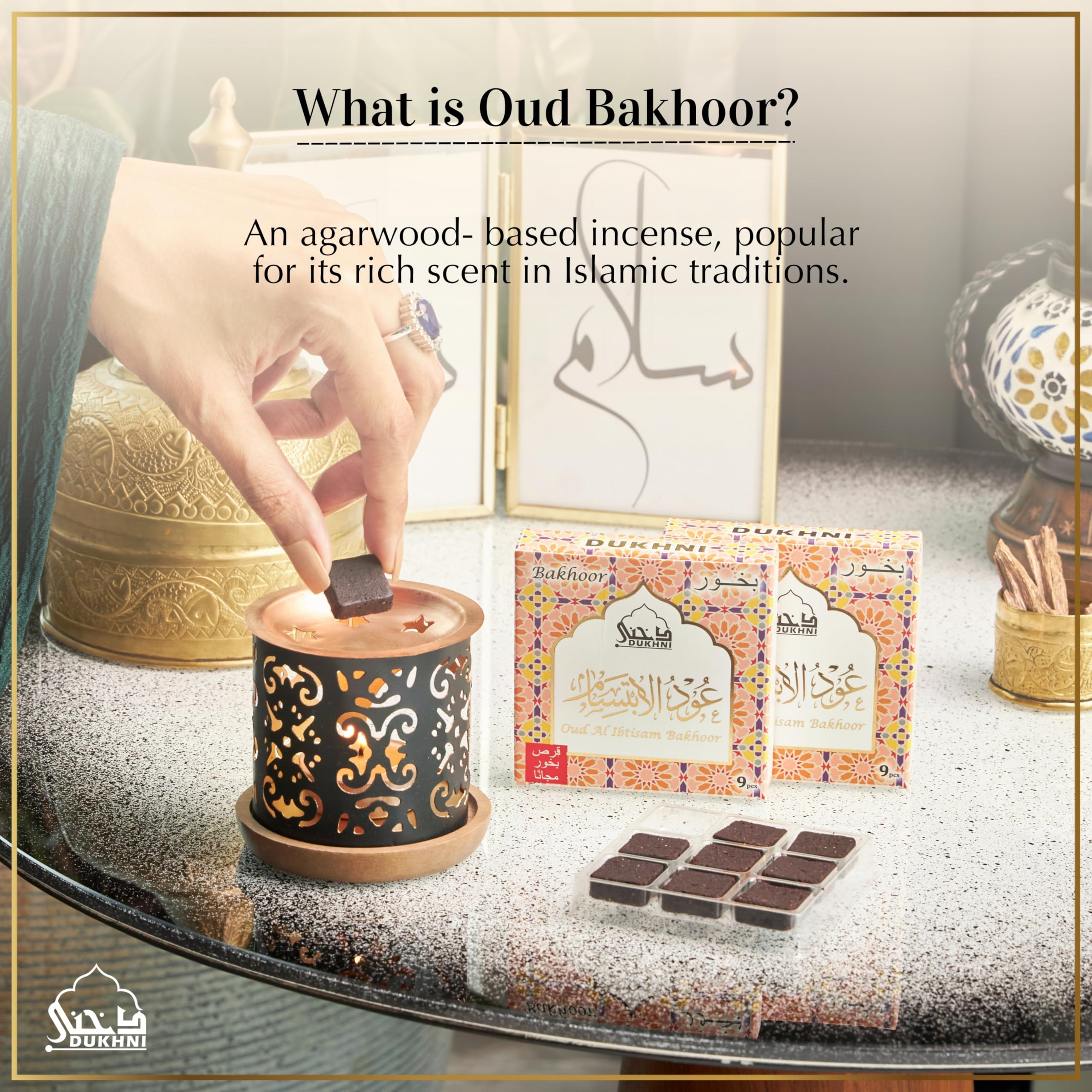 Oud Al Ibtisam Bakhoor Set By Dukhni | 2 X 9 Piece Each & Taj Bakhoor Burner | Arabic Bakhoor Incense | Warm Floral Oud Blend |