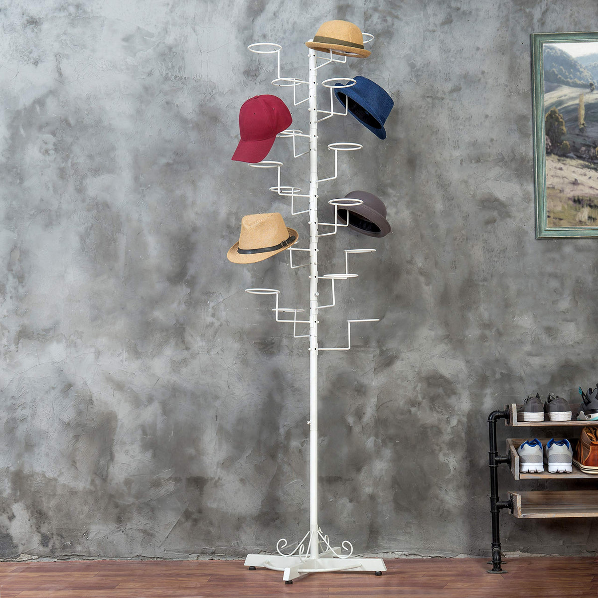 MyGift Modern Large Freestanding Hat Rack Stand, White Metal Retail Wig or Hat Display Stand with 20 Customizable Circular Hooks