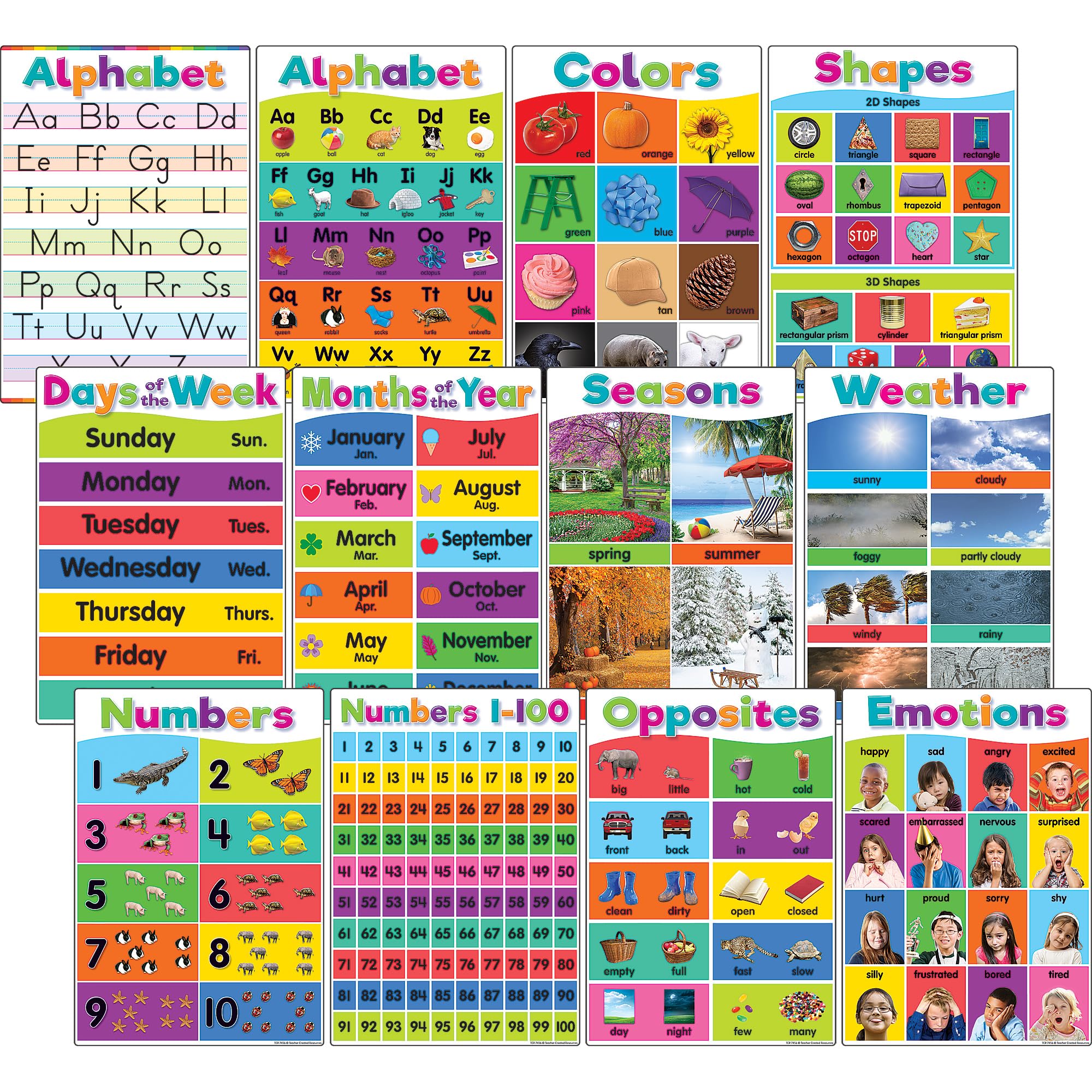 Teacher Created Resources Colorful Early Learning Small Posters, 15-3/4' X 11', Pack Of 12 Posters