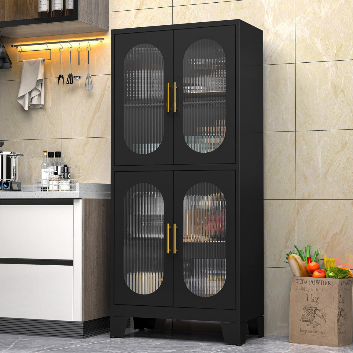 Paofin 61'' Black Pantry Storage Cabinet, Kitchen Pantry Cabinet With Acrylic Glass Doors And Shelves, Kitchen Pantry With Adjus