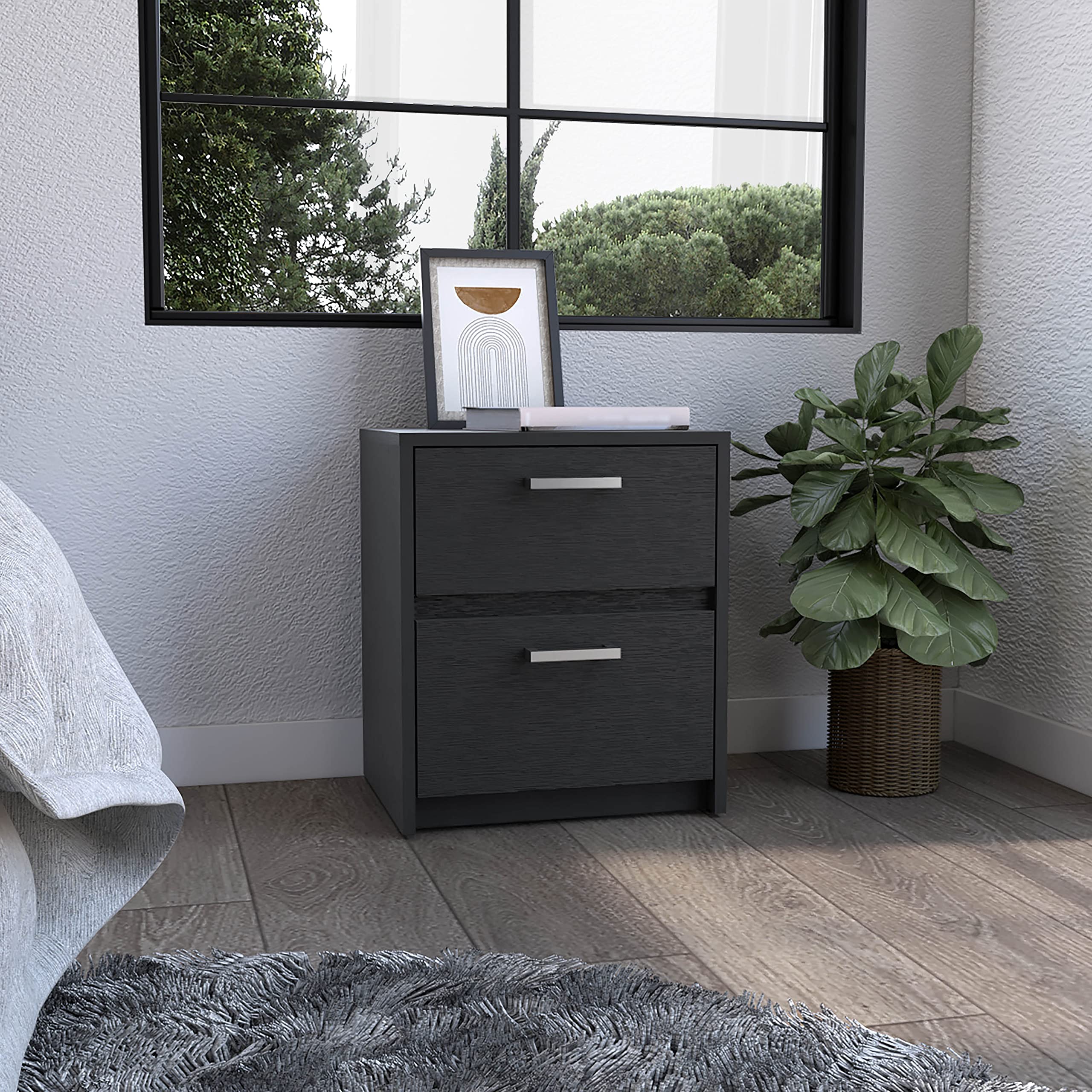 Nightstand 18&Quot; H, 2 Drawers With Metal Handles, Black