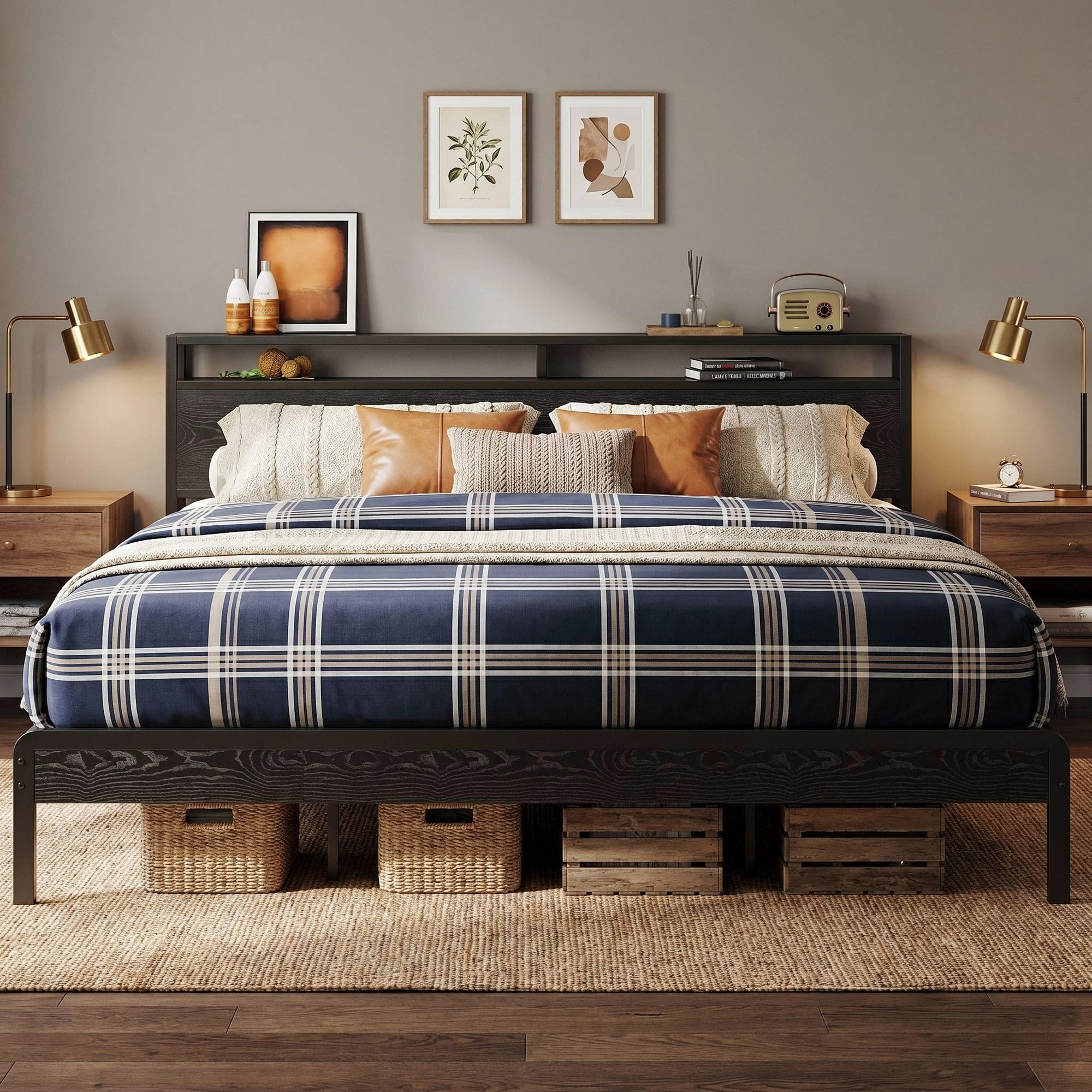 LIKIMIO King Bed Frame with Headboard, Dark Wood Camas King with Strong Supports, Sturdy, Noise-Free, No Box Spring Needed, Blac