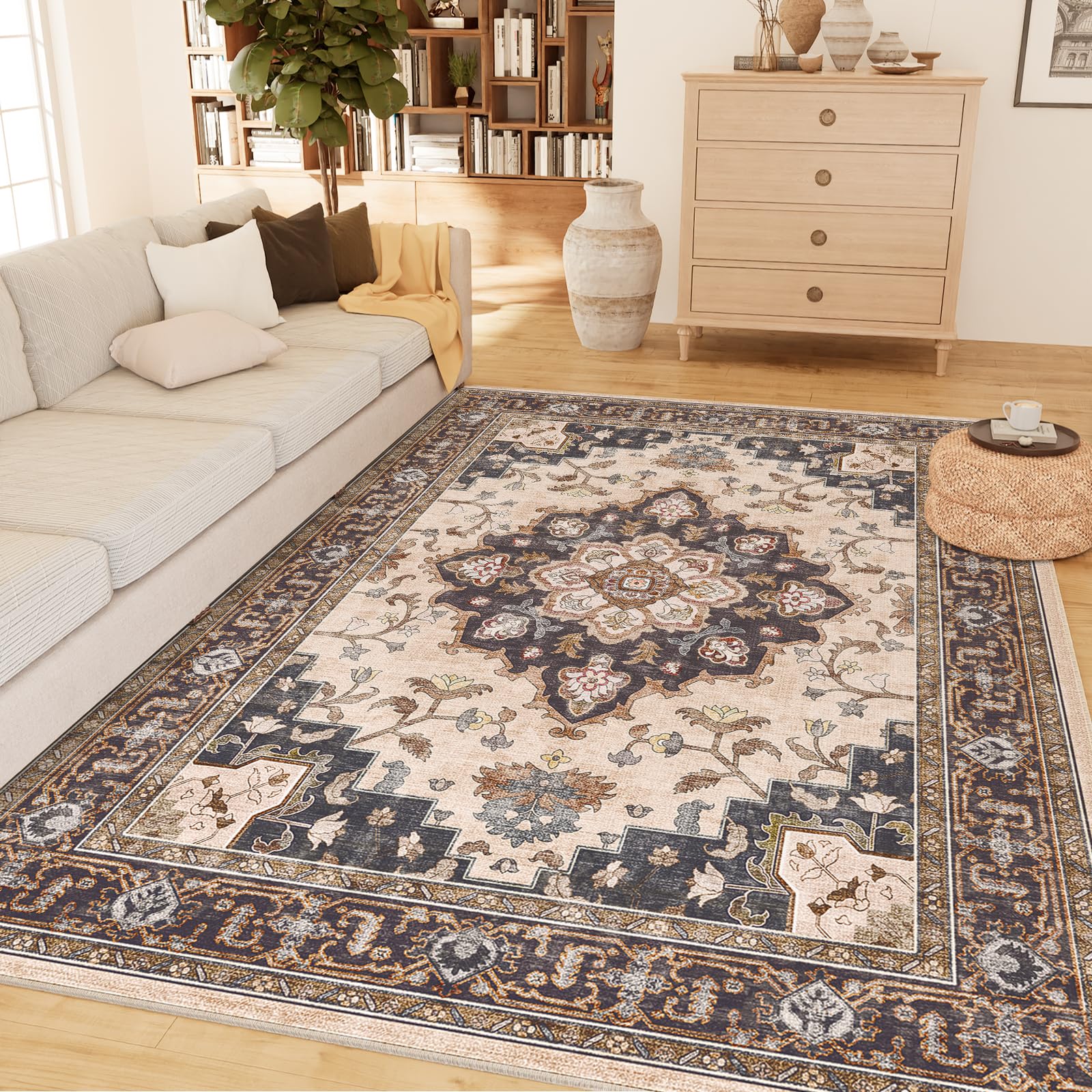CAPALOCA Machine Washable 6x9 Area Rugs for Living Room Vintage Rugs Carpet Rugs Non Slip Low Pile Water Repellent Soft Distress