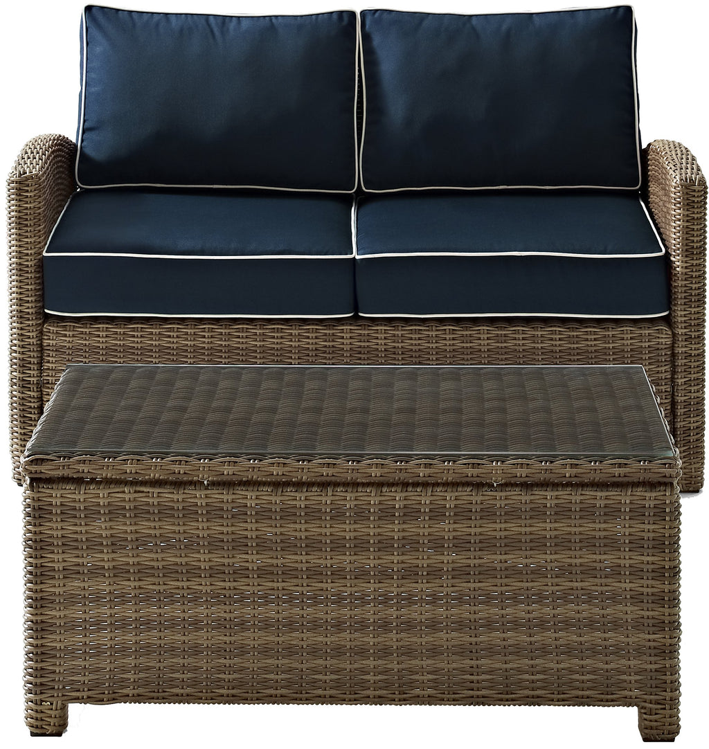 Crosley Furniture Bradenton 2-Piece Wicker Outdoor Coffee Table and Loveseat Patio Furniture Set for Porch, Brown with Navy Cushions