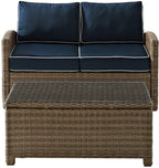 Crosley Furniture Bradenton 2-Piece Wicker Outdoor Coffee Table and Loveseat Patio Furniture Set for Porch, Brown with Navy Cushions