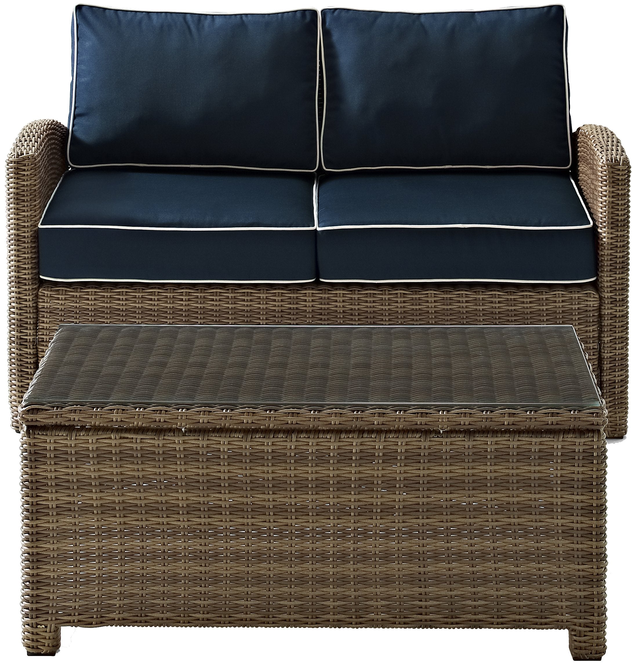 Crosley Furniture Bradenton 2-Piece Wicker Outdoor Coffee Table and Loveseat Patio Furniture Set for Porch, Brown with Navy Cushions